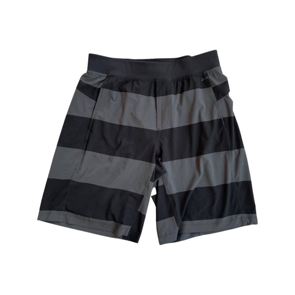 Men Lululemon Athletica Black Gray Striped Drawstring Shorts 33W